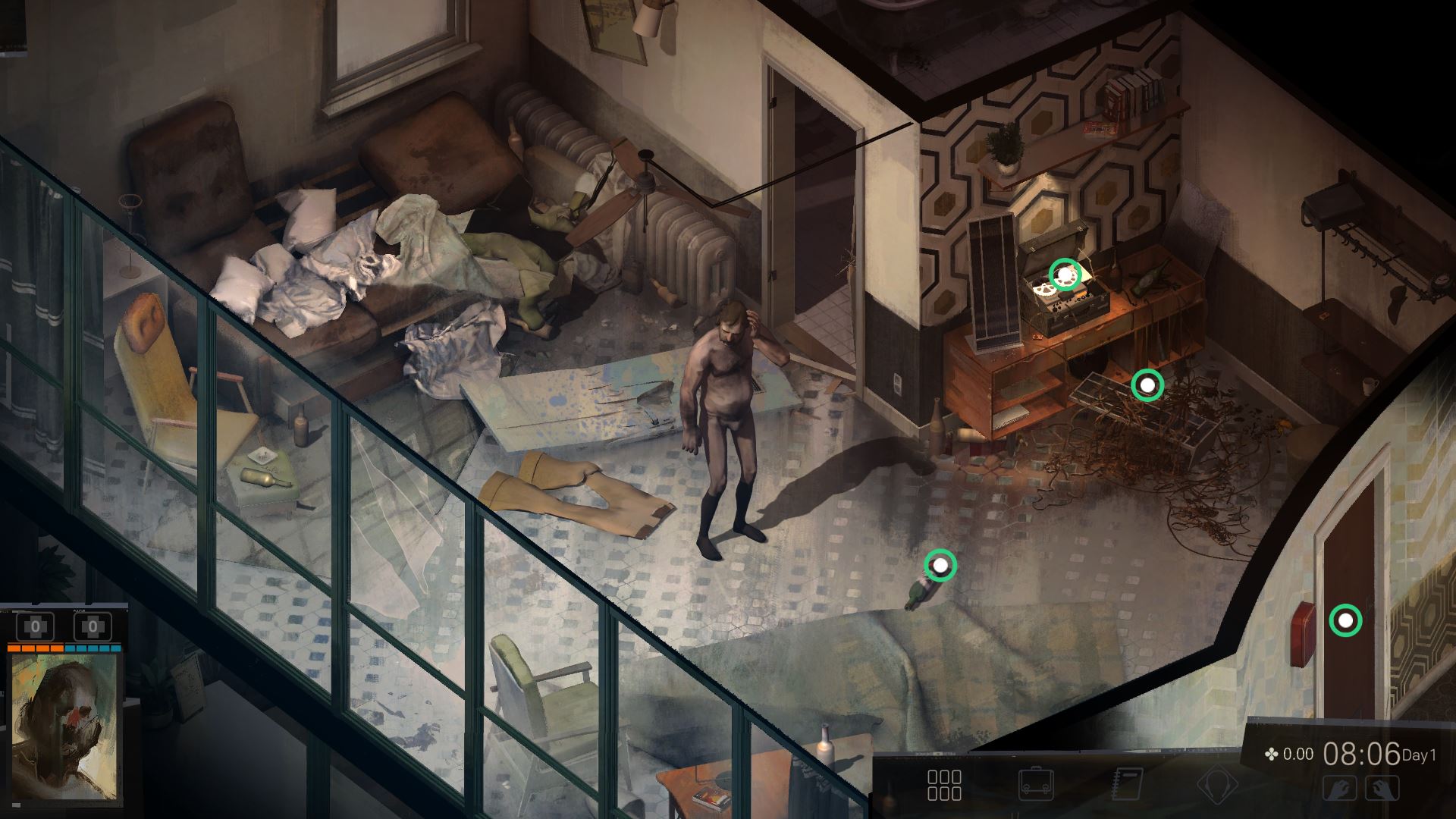 Man awakening in a ruined apartment.